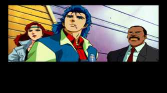 A screenshot of Jonathan, Ed, and Meryl in Policenauts for the Sega Saturn.