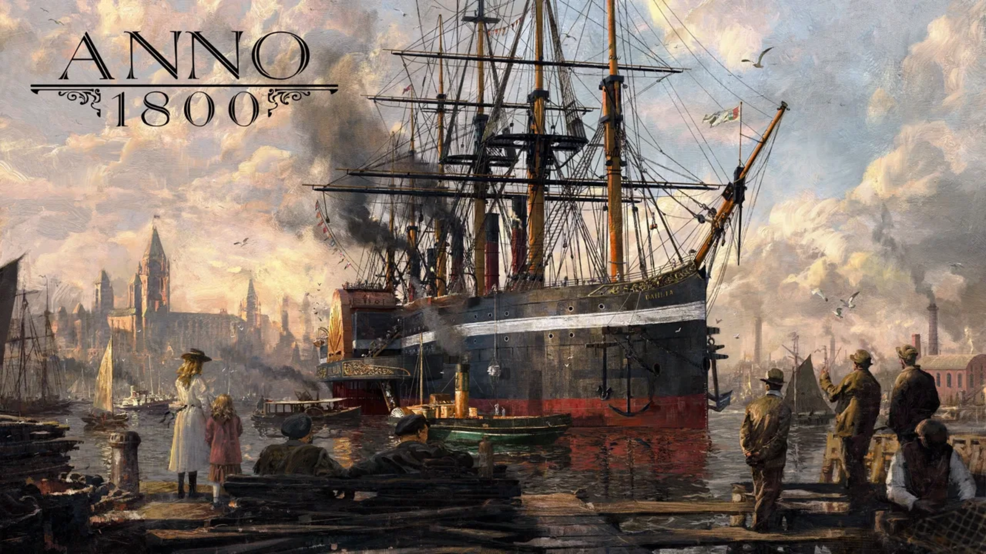 A ship coming in to dock with the Anno 1800 title in the top-left corner