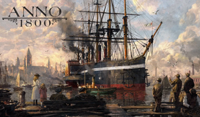 A ship coming in to dock with the Anno 1800 title in the top-left corner
