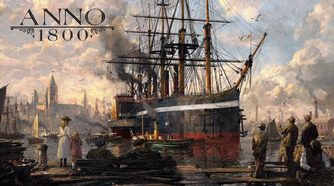 A ship coming in to dock with the Anno 1800 title in the top-left corner