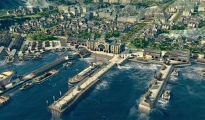 3 Docks side by side in an industrial town