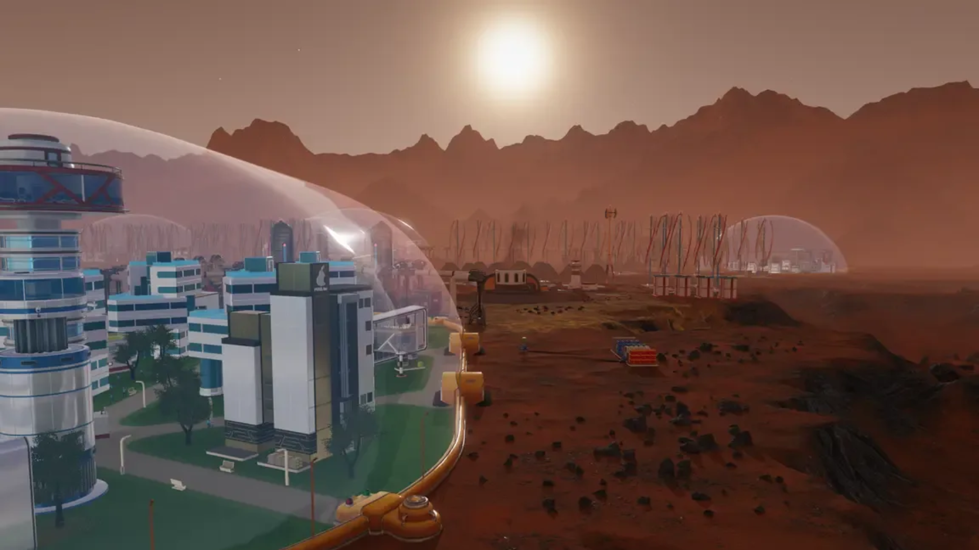 A close-up of a city in Surviving Mars