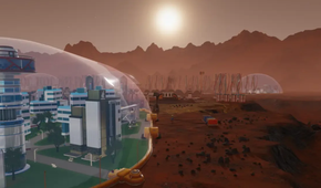 A close-up of a city in Surviving Mars