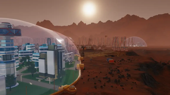 A close-up of a city in Surviving Mars