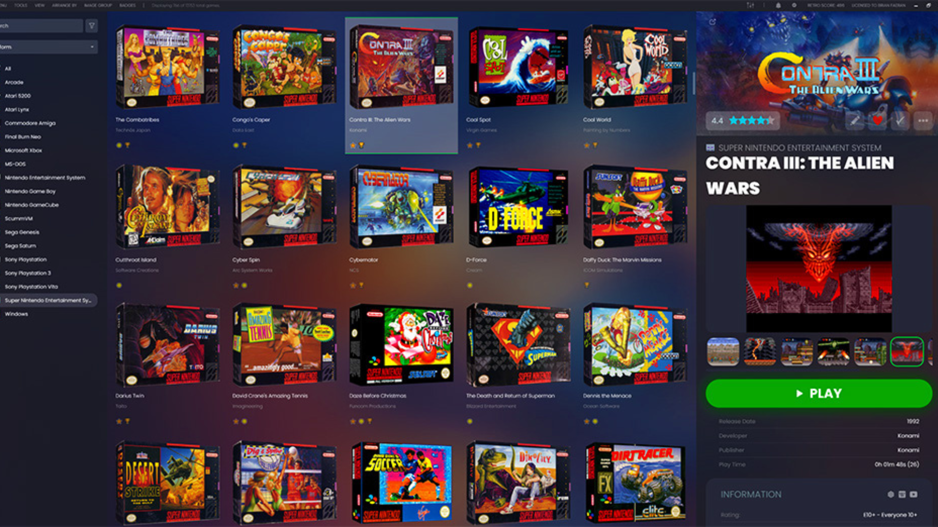 Contra III selected in the LaunchBox library
