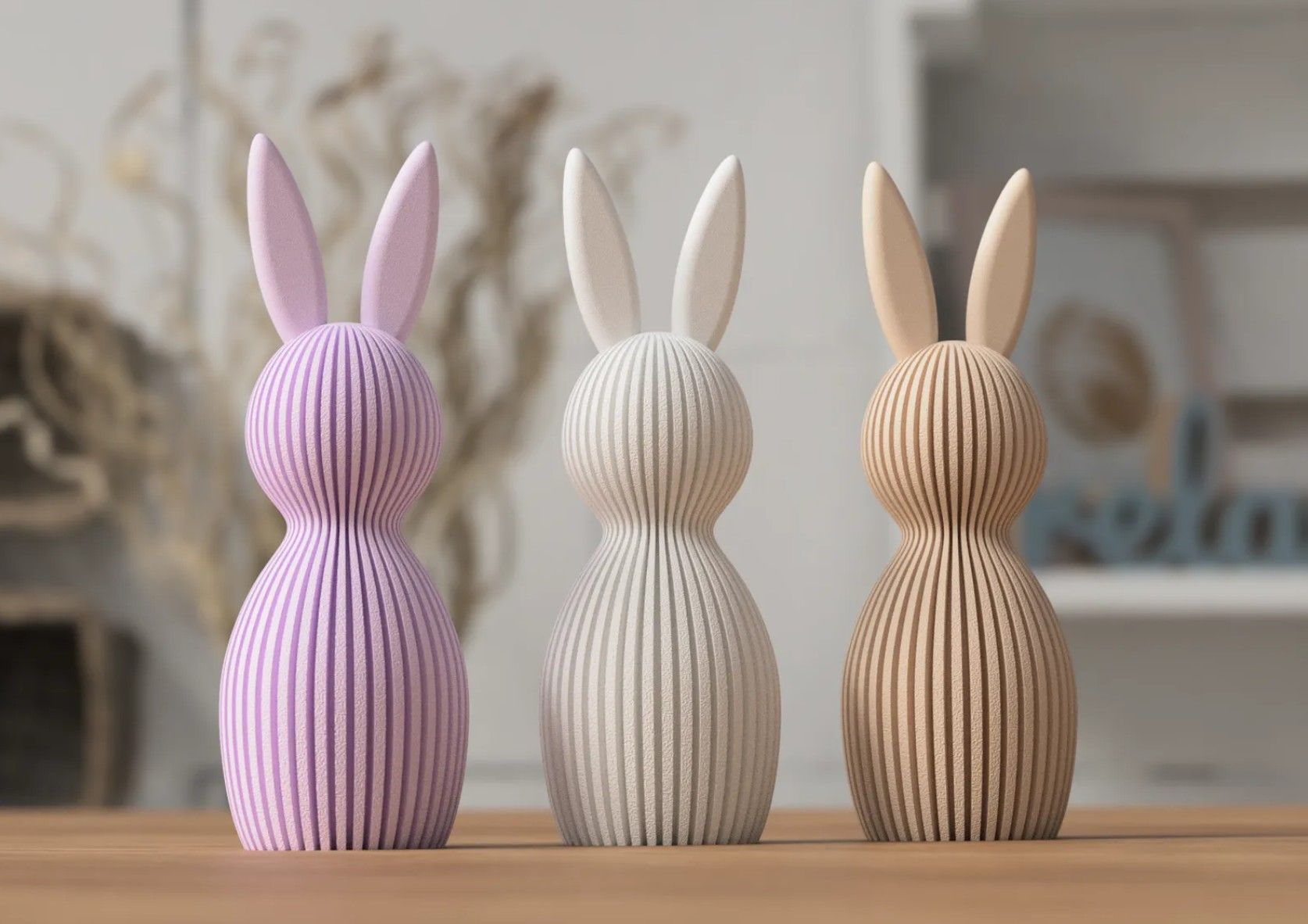 Three 3D printed easter bunny with different colors