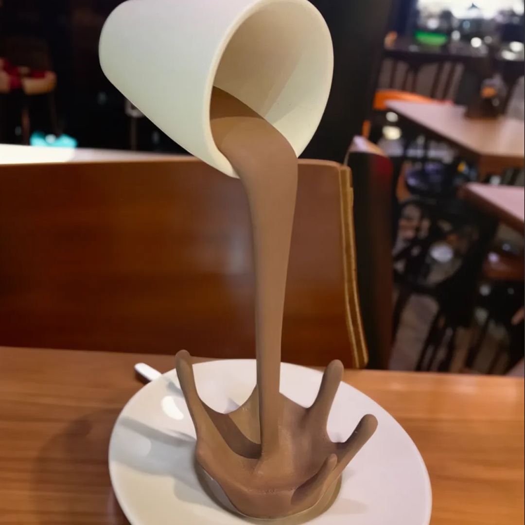 A flooting 3D printed coffee structure with a plate at the bottom
