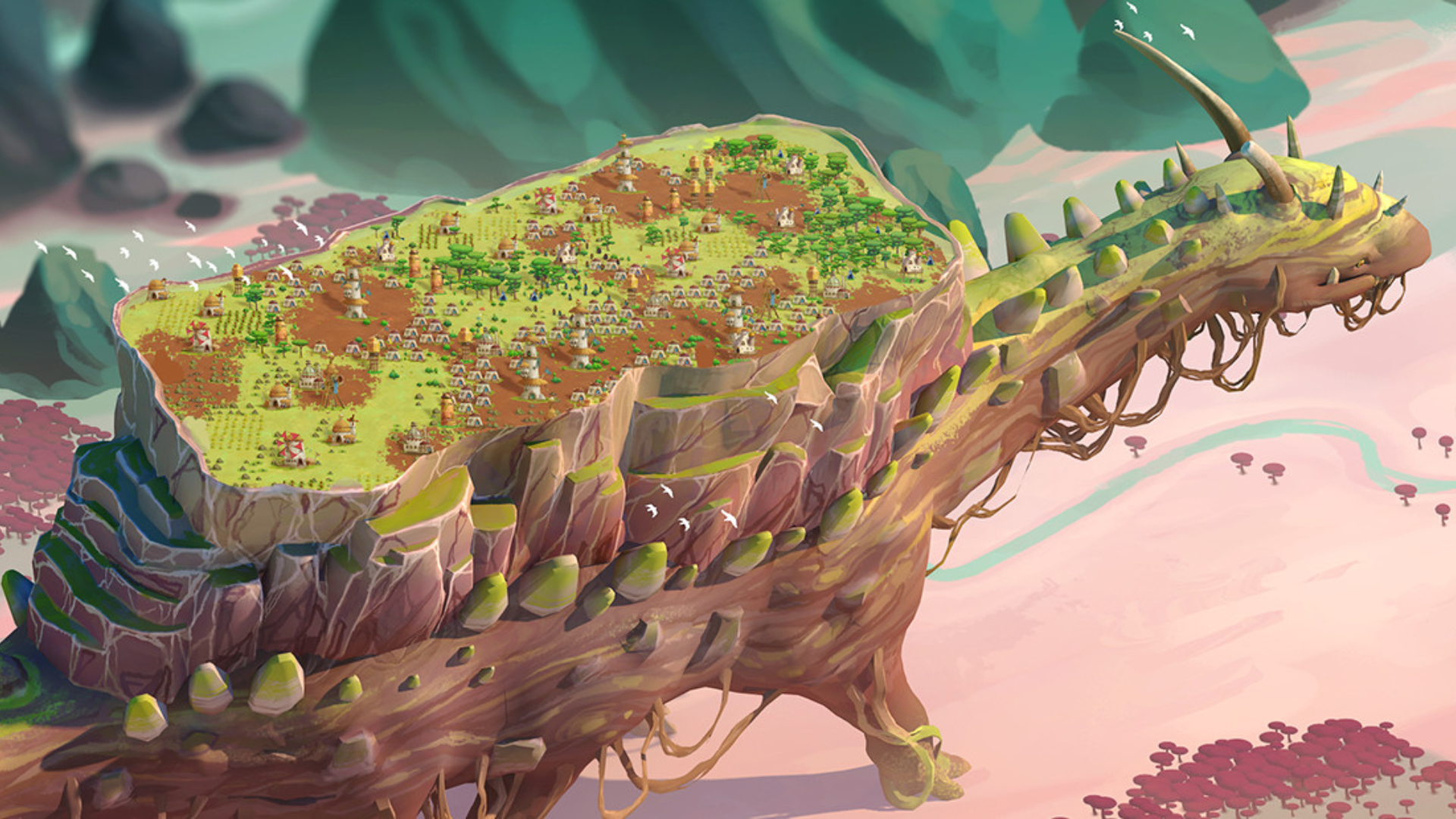 A giant creature walking with a village on its back
