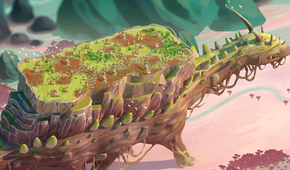 A giant creature walking with a village on its back