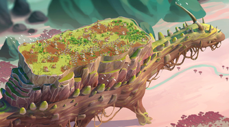 A giant creature walking with a village on its back