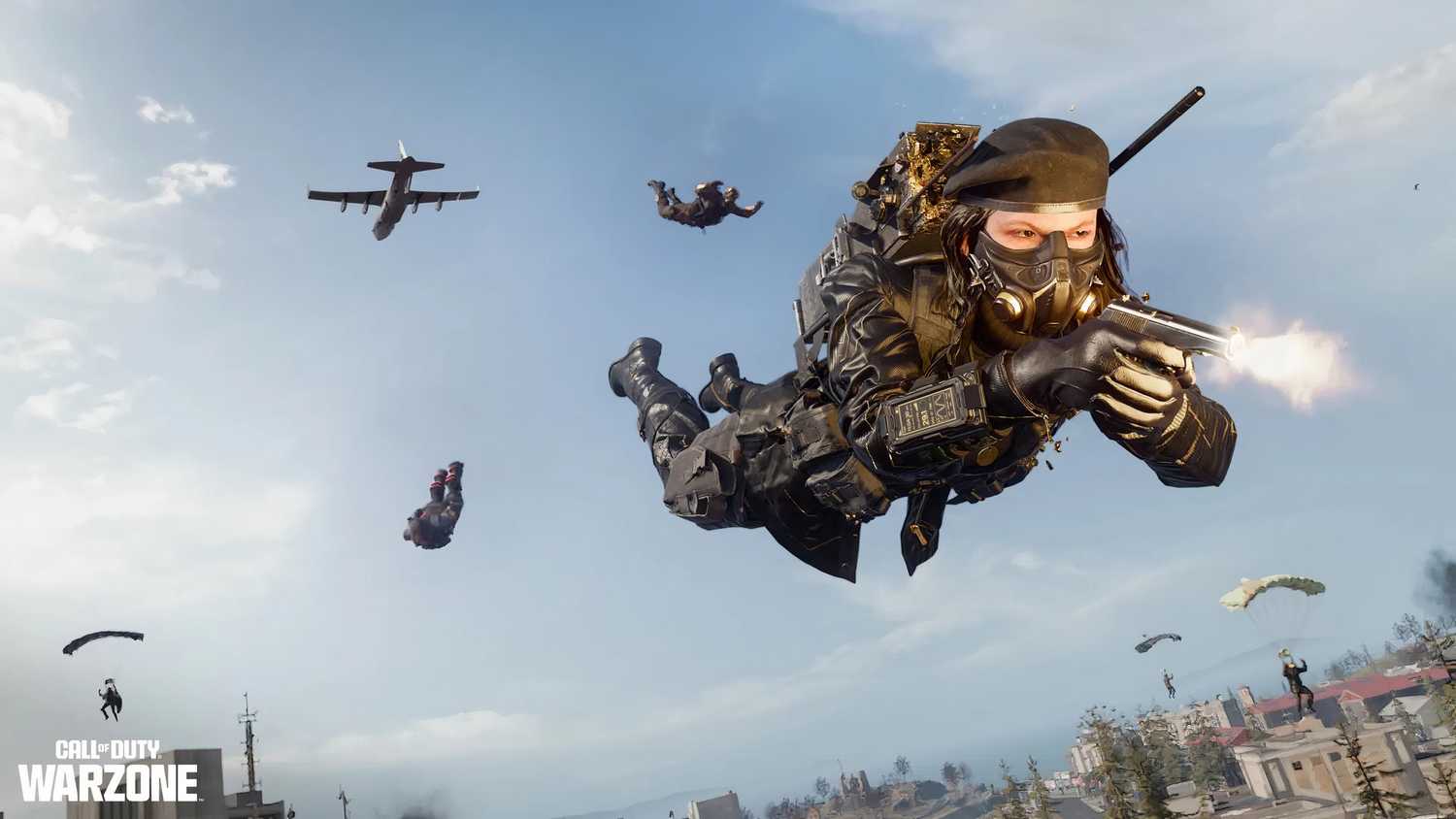 Call of Duty Operator descending with a pistol during a Warzone drop