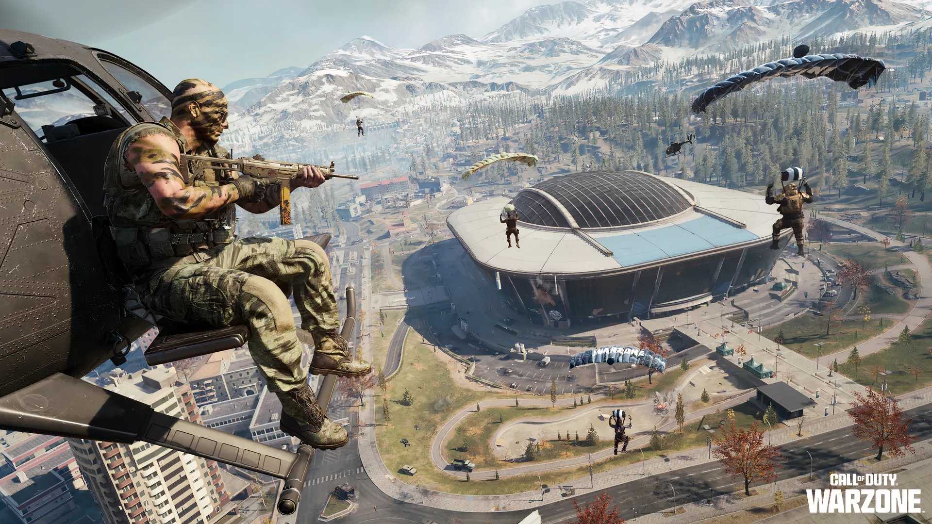 Call of Duty Operator riding on the side of a helicopter, watching other Operators drop into Warzone