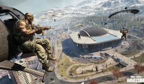Call of Duty Operator riding on the side of a helicopter, watching other Operators drop into Warzone