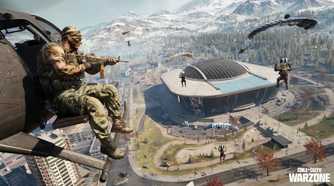 Call of Duty Operator riding on the side of a helicopter, watching other Operators drop into Warzone