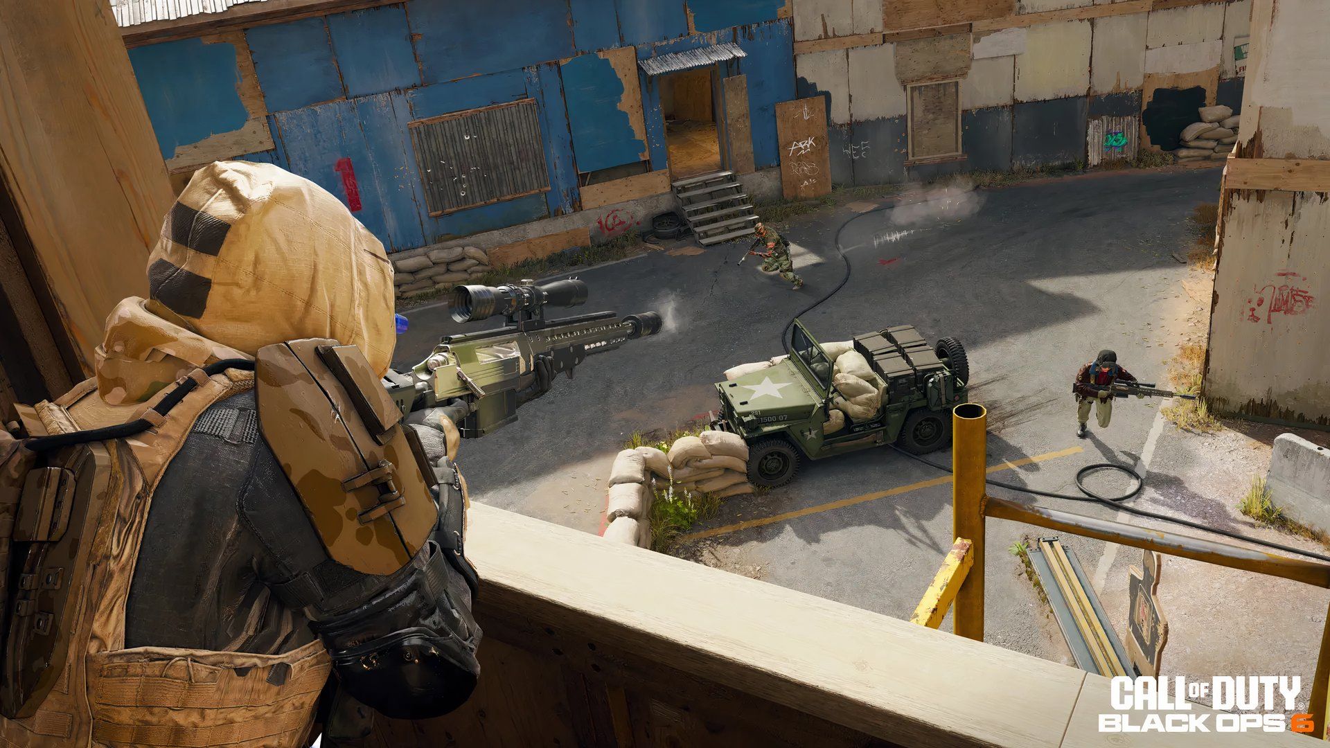 Call of Duty Operator firing a marksman rifle from a sniper nest at enemies positioned below in Black Ops 6