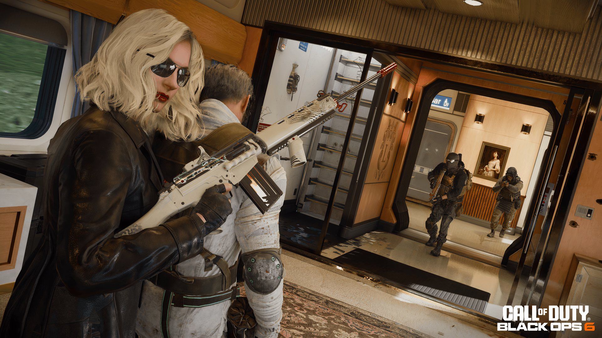 Female Call of Duty Operator holding a male Operator hostage as enemies close in on their position in Black Ops 6