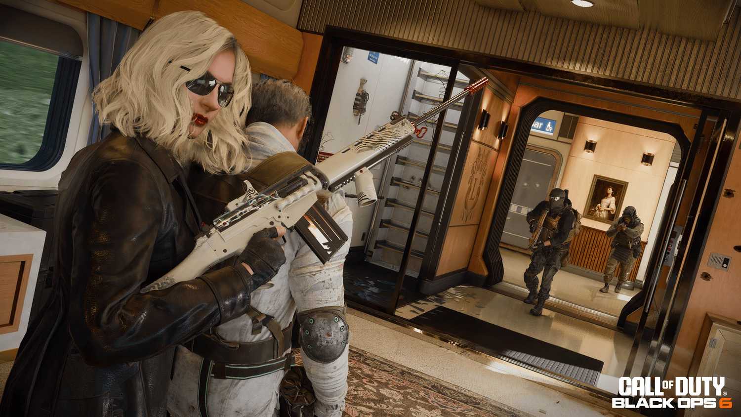 Female Call of Duty Operator holding a male Operator hostage as enemies close in on their position in Black Ops 6