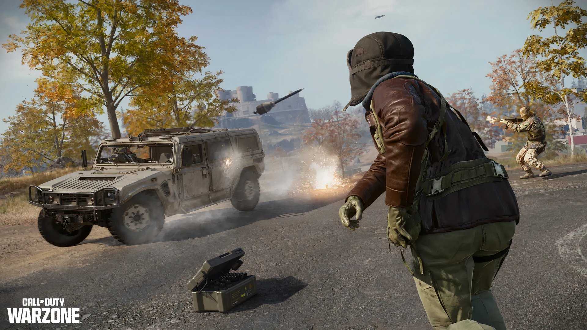 Call of Duty Operator throwing a grenade at a vehicle in Warzone