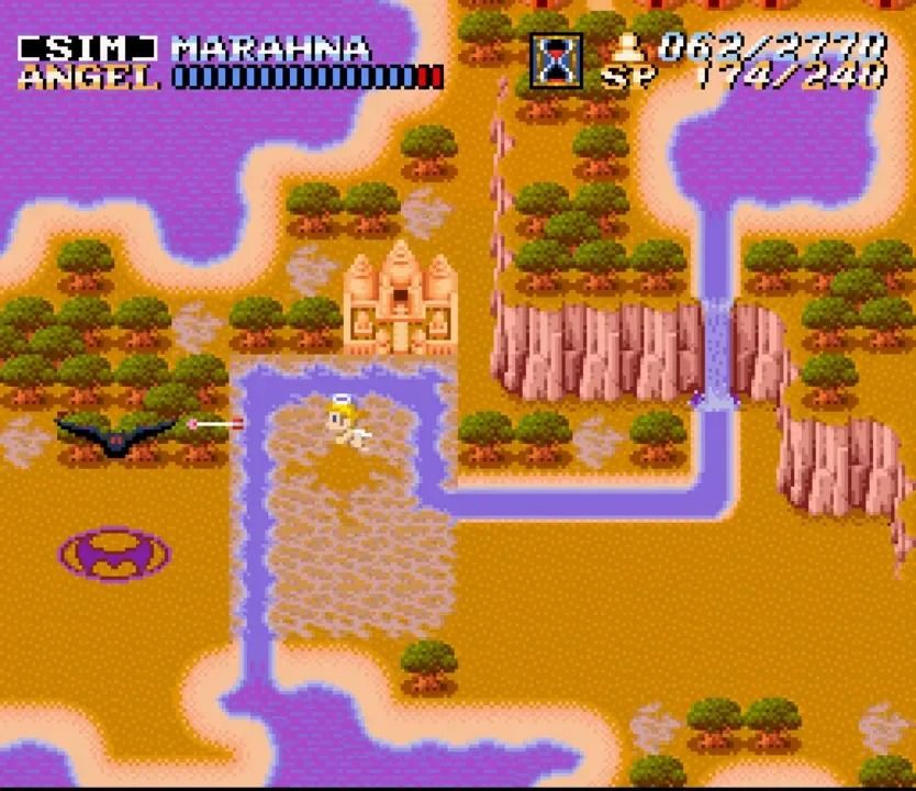 Angel fighting monsters over the city contruction in ActRaiser