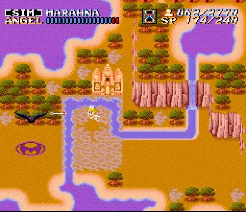 Angel fighting monsters over the city contruction in ActRaiser