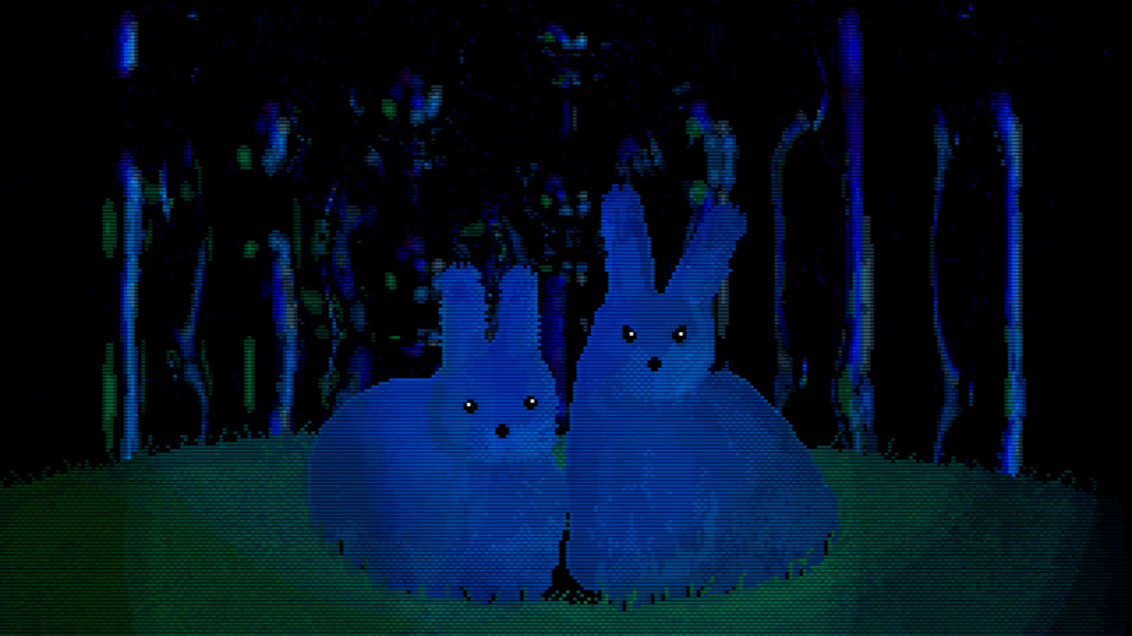 Two blue bunnies looking at the camera.