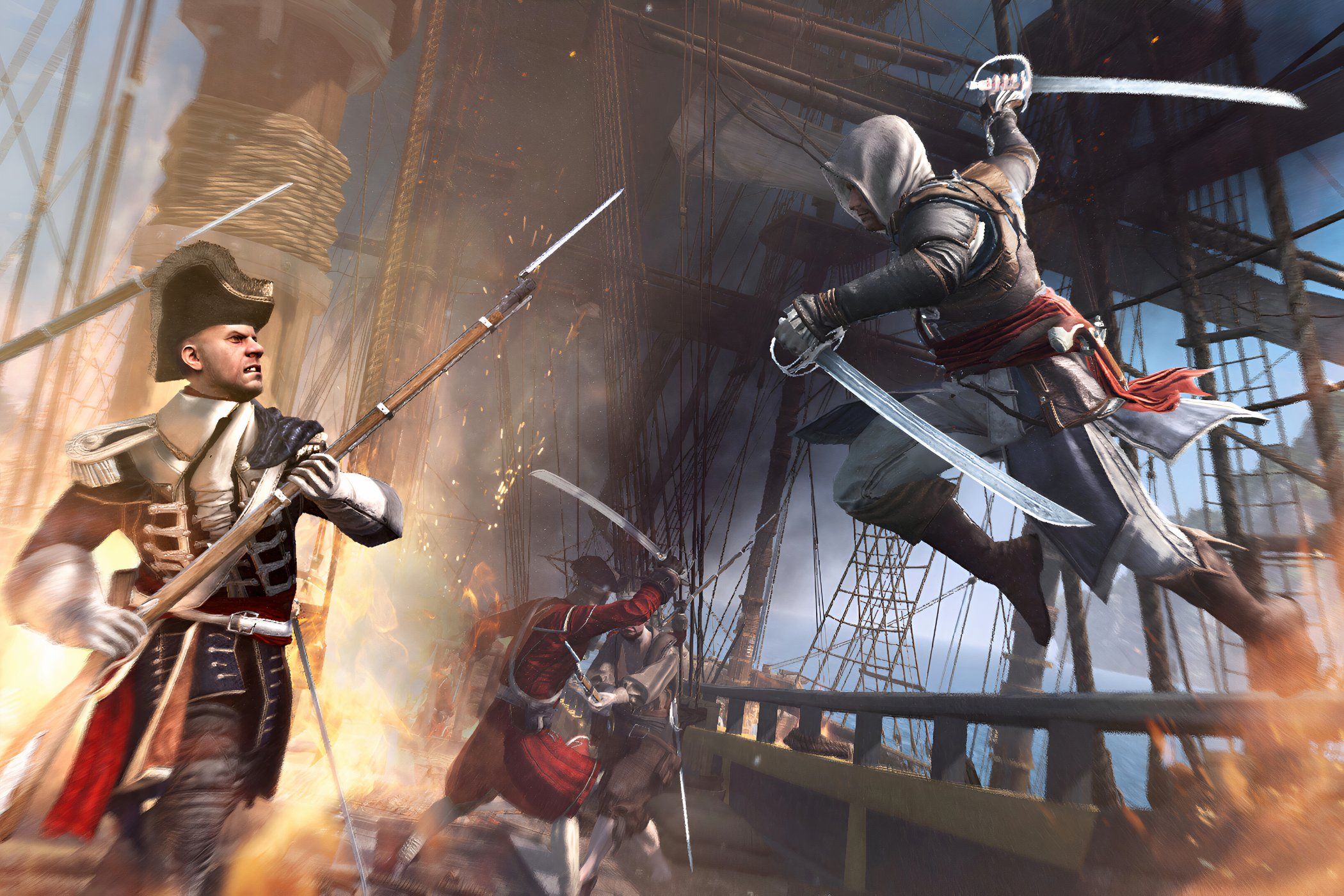 A screenshot from the game "Assassin's Creed IV: Black Flag", showing Edward Kenway leaping at a guard while wielding 2 swords.