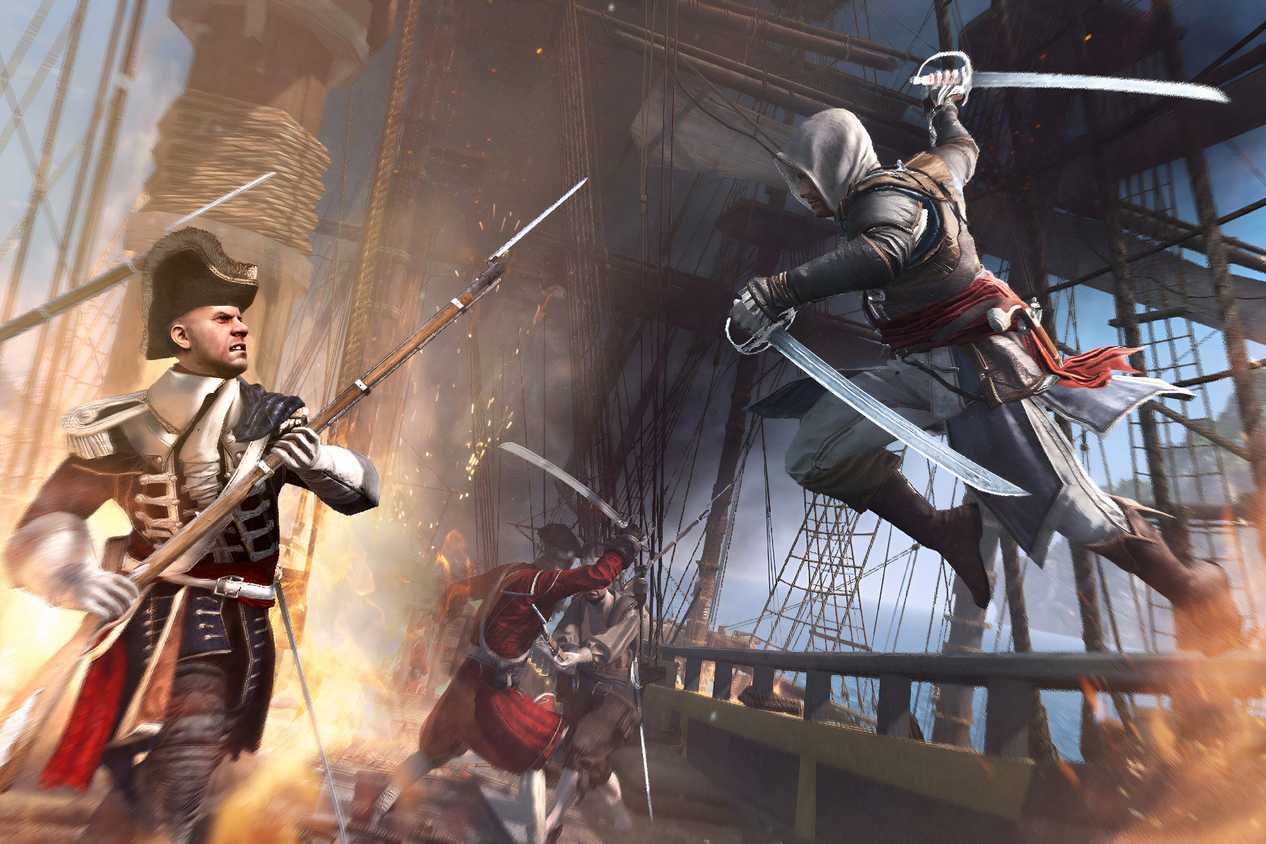 A screenshot from the game "Assassin's Creed IV: Black Flag", showing Edward Kenway leaping at a guard while wielding 2 swords.