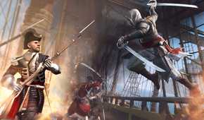 A screenshot from the game "Assassin's Creed IV: Black Flag", showing Edward Kenway leaping at a guard while wielding 2 swords.