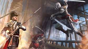 A screenshot from the game "Assassin's Creed IV: Black Flag", showing Edward Kenway leaping at a guard while wielding 2 swords.