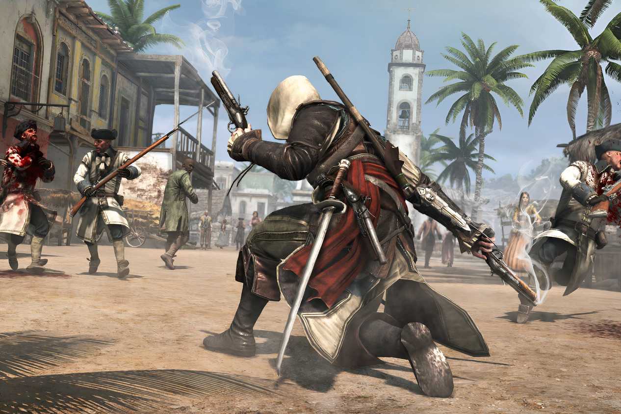 A screenshot from the game "Assassin's Creed IV: Black Flag", showing Edward Kenway wielding guns and shooting enemies.