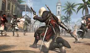 A screenshot from the game "Assassin's Creed IV: Black Flag", showing Edward Kenway wielding guns and shooting enemies.