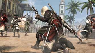 A screenshot from the game "Assassin's Creed IV: Black Flag", showing Edward Kenway wielding guns and shooting enemies.