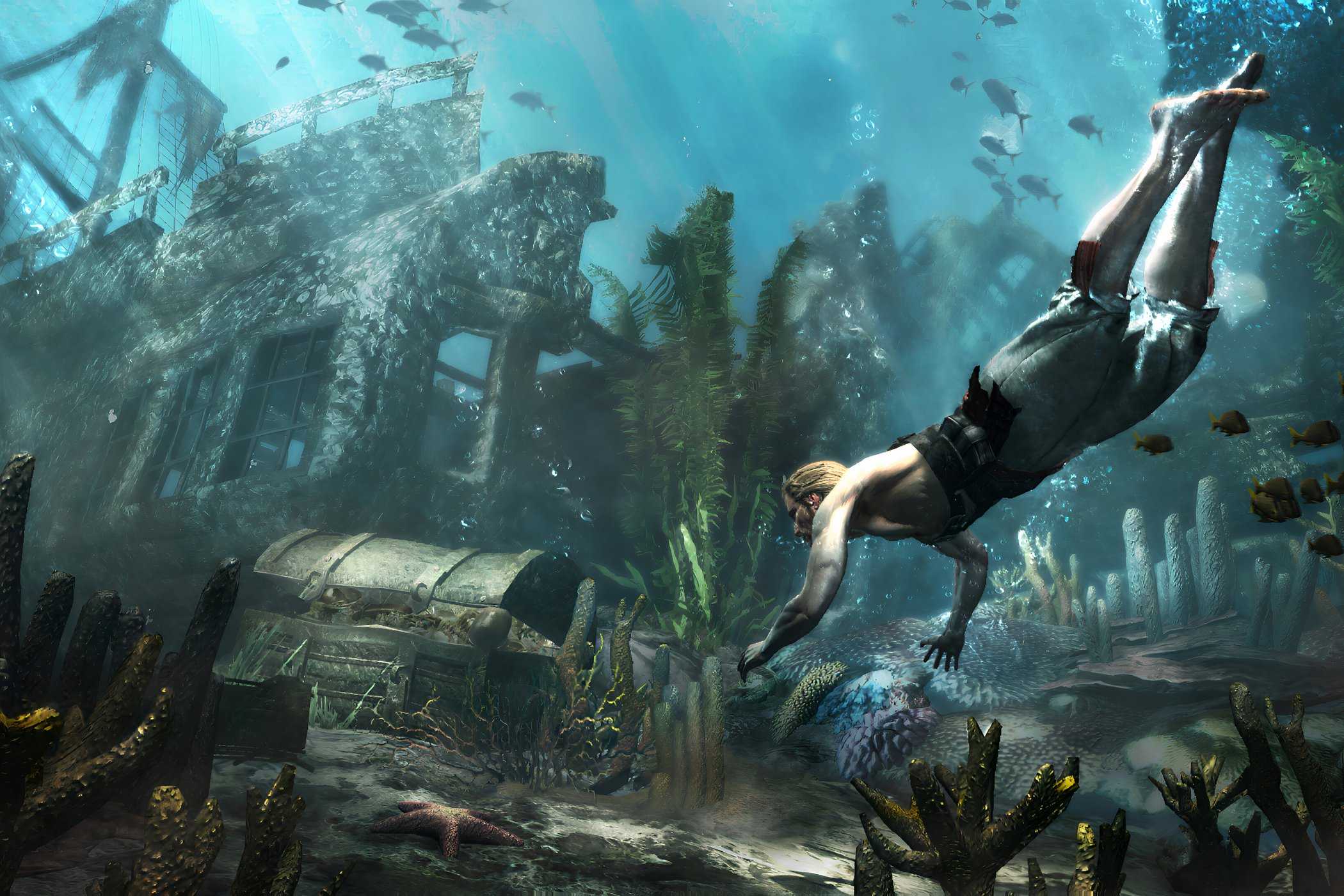 A screenshot from the game "Assassin's Creed IV: Black Flag", showing Edward Kenway swimming underwater.