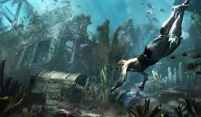 A screenshot from the game "Assassin's Creed IV: Black Flag", showing Edward Kenway swimming underwater.