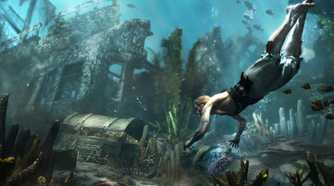 A screenshot from the game "Assassin's Creed IV: Black Flag", showing Edward Kenway swimming underwater.