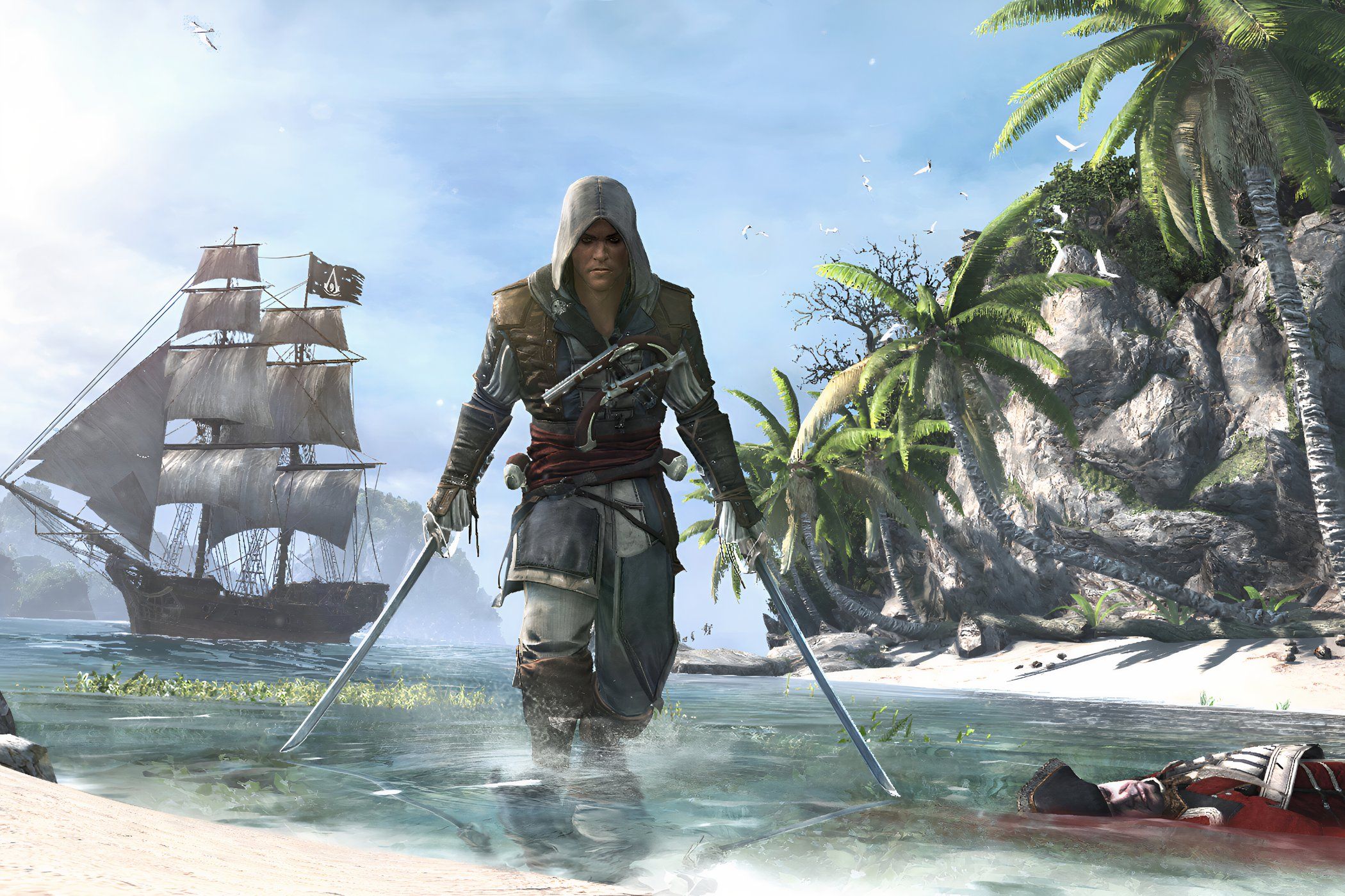 A screenshot from the game "Assassin's Creed IV: Black Flag", showing Edward Kenway wielding 2 swords.