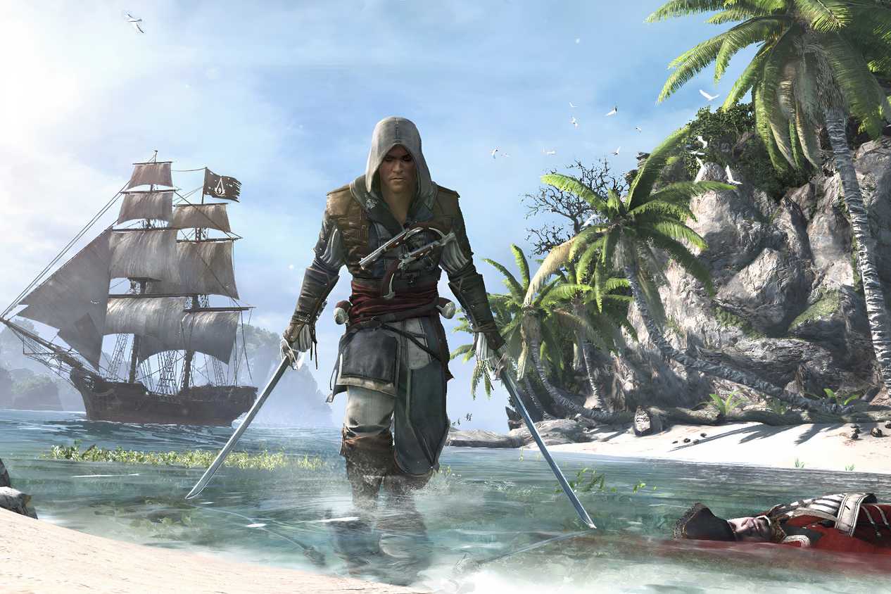 A screenshot from the game "Assassin's Creed IV: Black Flag", showing Edward Kenway wielding 2 swords.