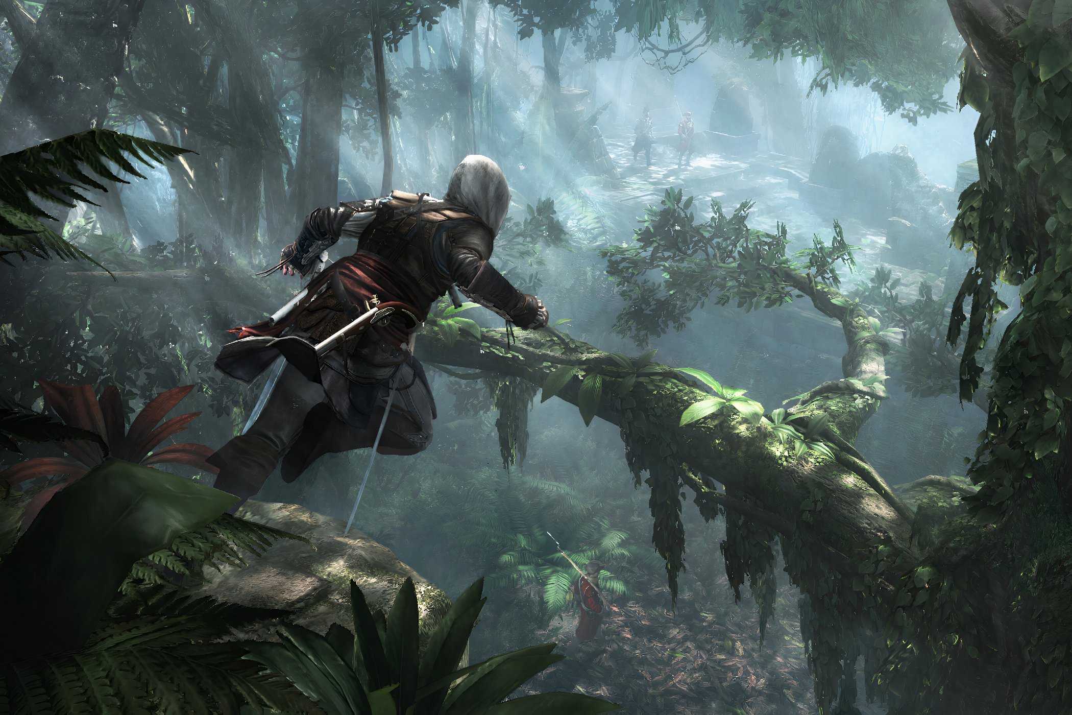 A screenshot from the game "Assassin's Creed IV: Black Flag", showing Edward Kenway leaping across tree branches.