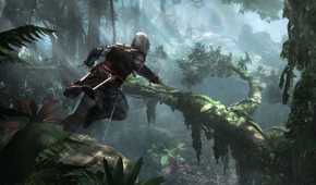 A screenshot from the game "Assassin's Creed IV: Black Flag", showing Edward Kenway leaping across tree branches.