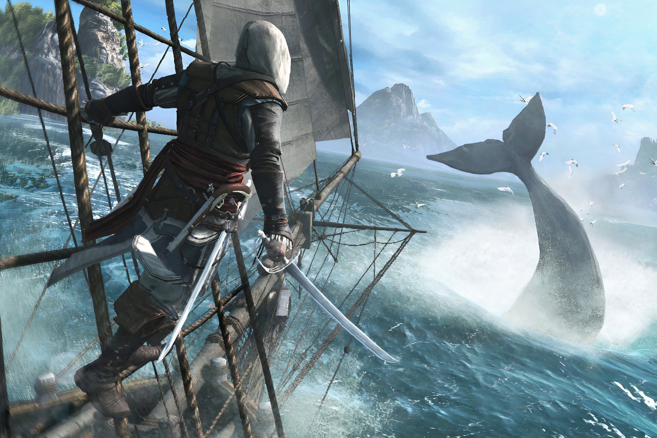 A screenshot from the game "Assassin's Creed IV: Black Flag", showing Edward Kenway handing from a ship's mast, looking at the tail of a diving whale.