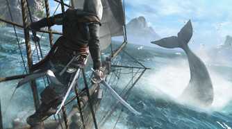 A screenshot from the game "Assassin's Creed IV: Black Flag", showing Edward Kenway handing from a ship's mast, looking at the tail of a diving whale.
