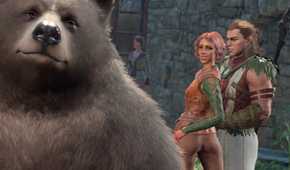 A bear with two humans in the background