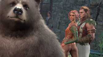 A bear with two humans in the background