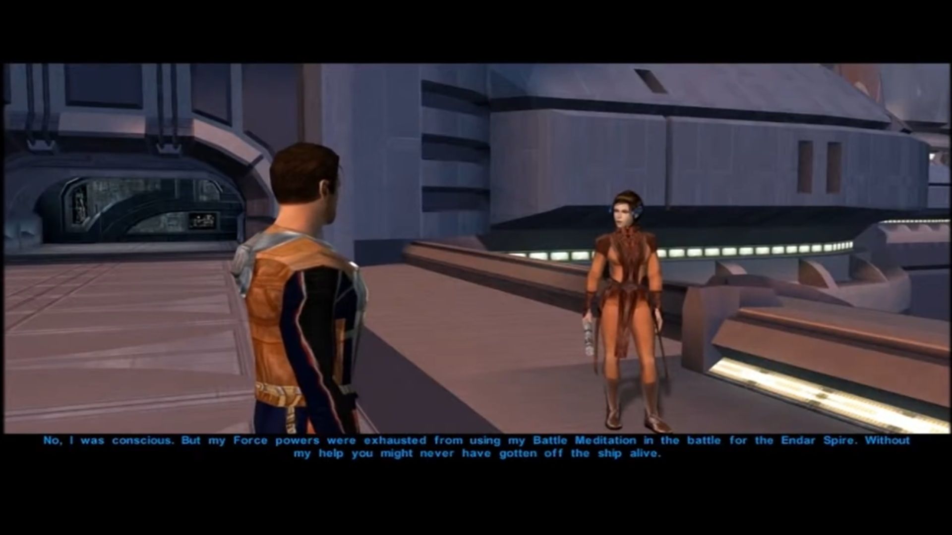 A screenshot of Bastila Shan in Star Wars Knights of the Old Republic