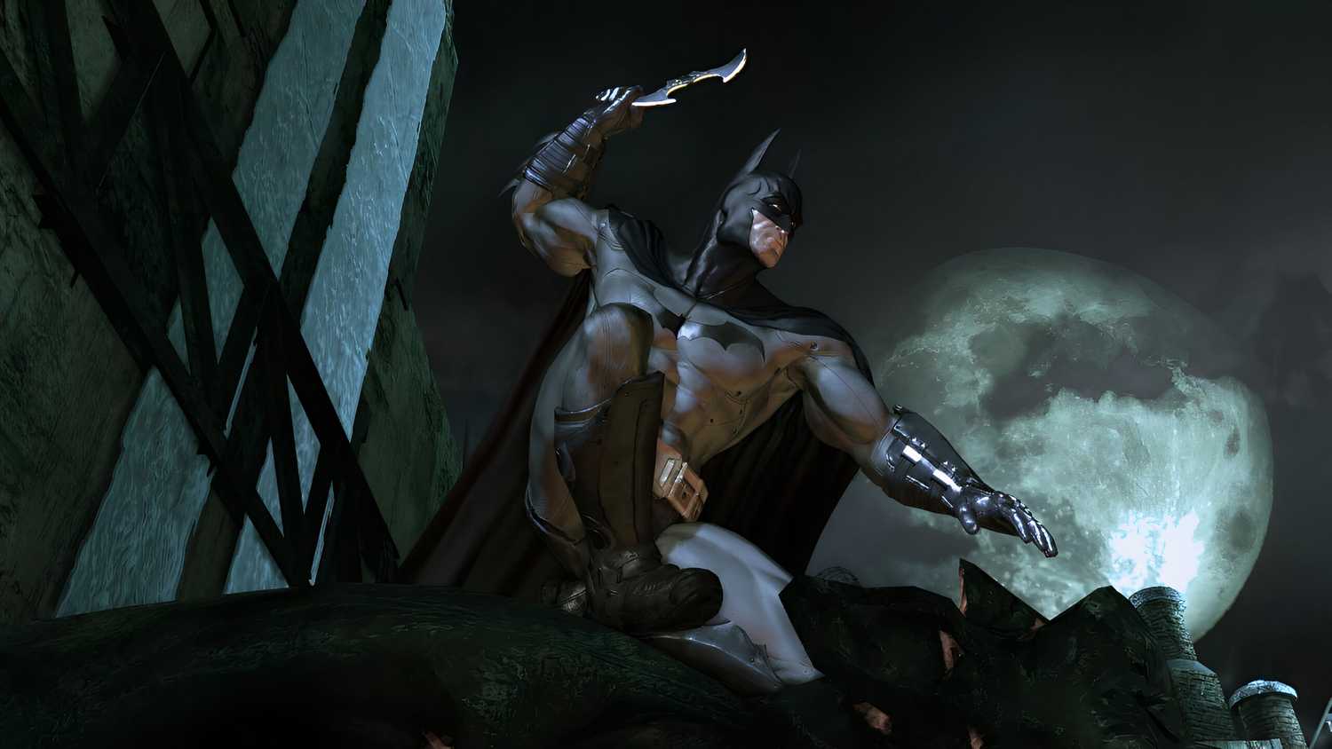An image from the game Batman: Arkham Asylum, showing Batman wielding a batarang.