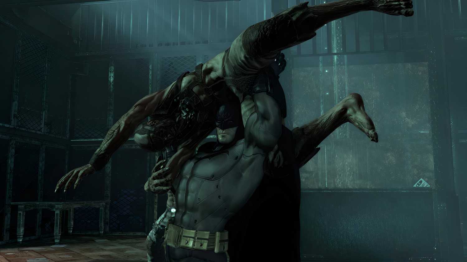 An image from the game Batman: Arkham Asylum, showing Batman lifting a thug above his shoulders.