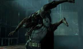 An image from the game Batman: Arkham Asylum, showing Batman lifting a thug above his shoulders.