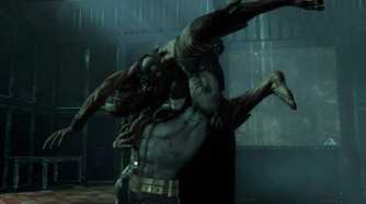 An image from the game Batman: Arkham Asylum, showing Batman lifting a thug above his shoulders.