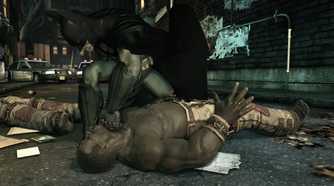 An image from the game Batman: Arkham Asylum, showing Batman sucker punching a prone thug.