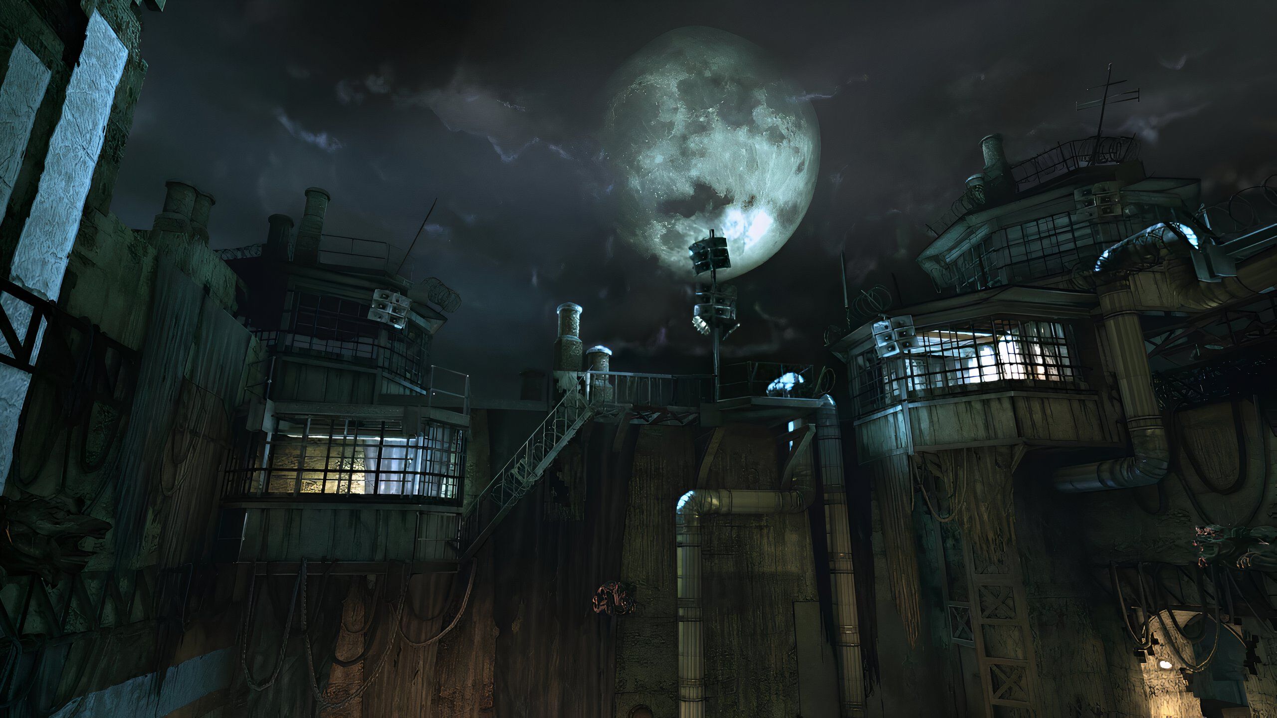 An image from the game Batman: Arkham Asylum, showing Arkham Asylum against a full bright moon.